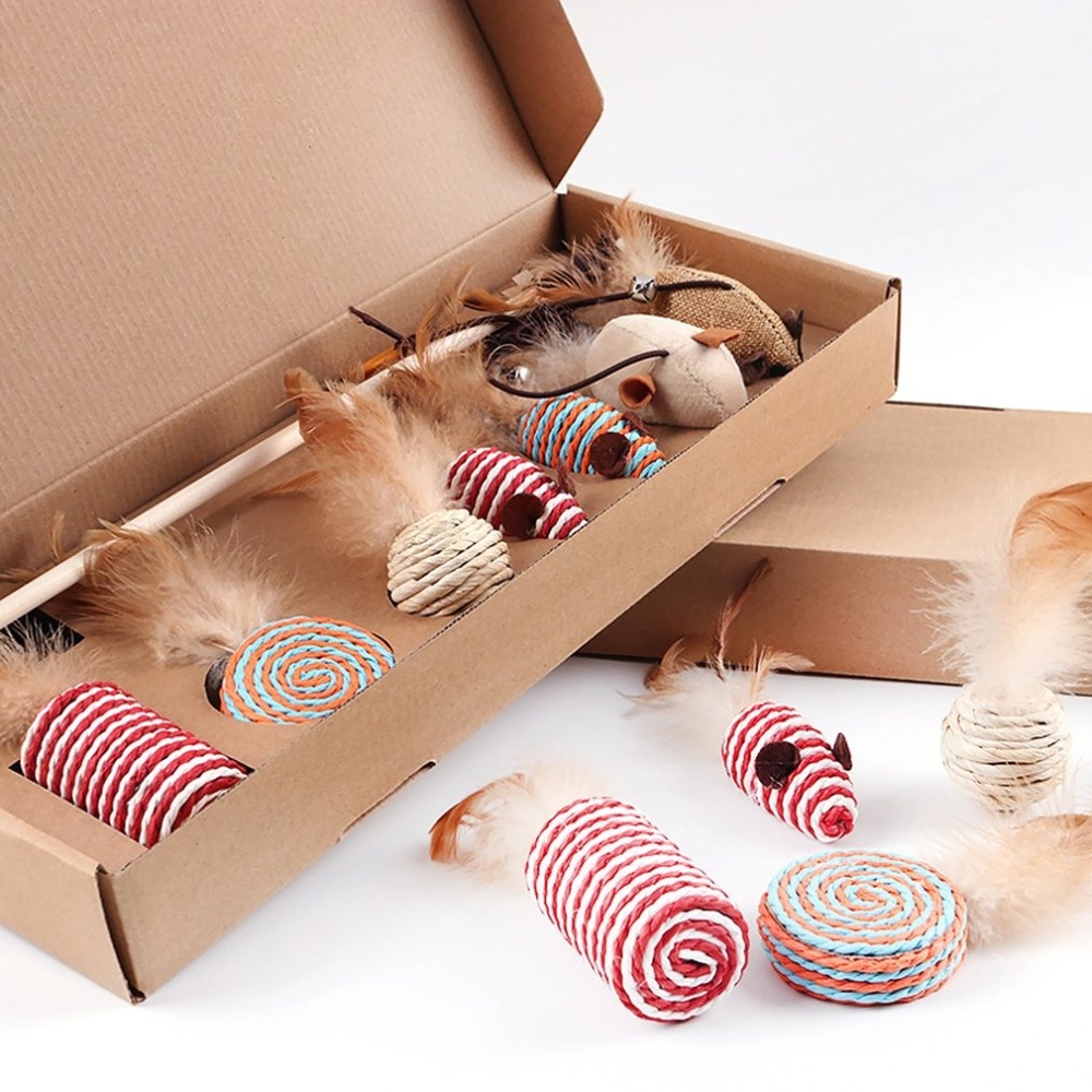 Wood and Feather Cat Toys Set